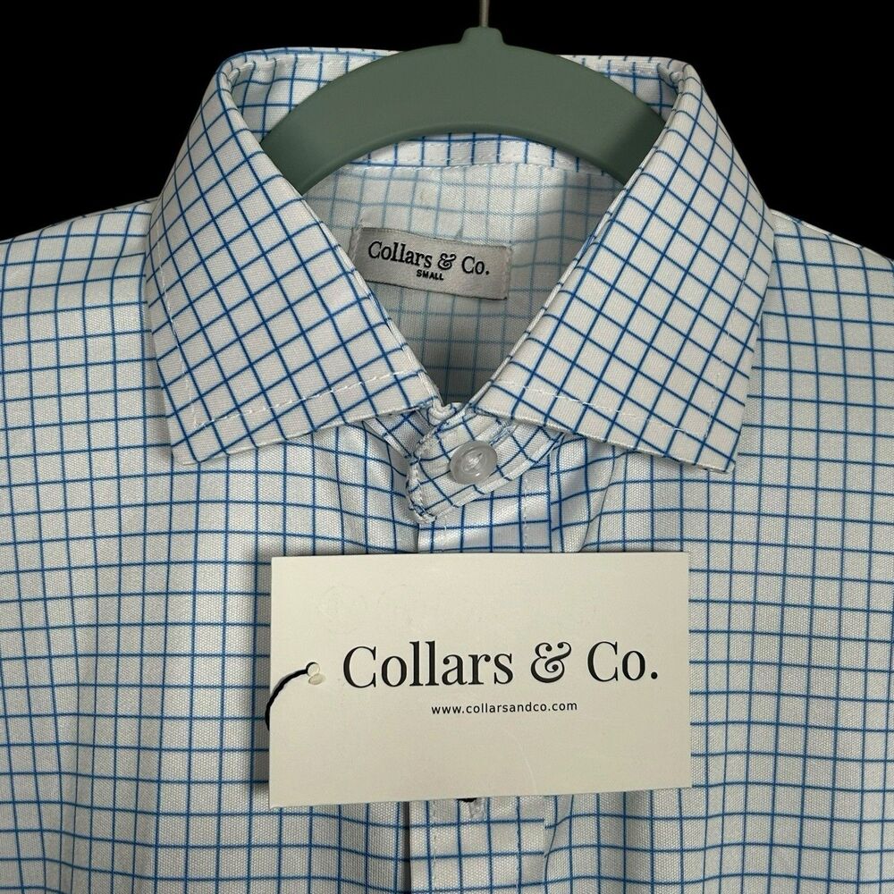 Collars & Co Polo Shirt Mens Small Blue Thin Check Quattro Flex Dress Collar NWT